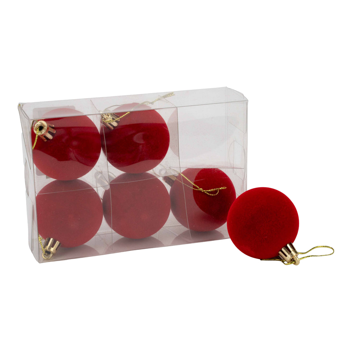 Set of 6 red flocked Christmas baubles