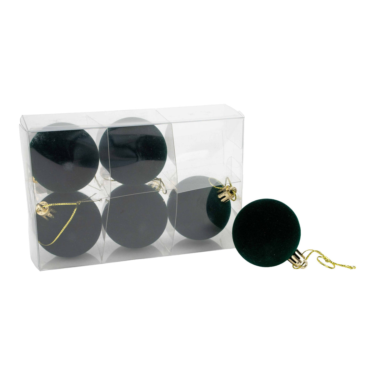 Set of 6 green flocked Christmas baubles