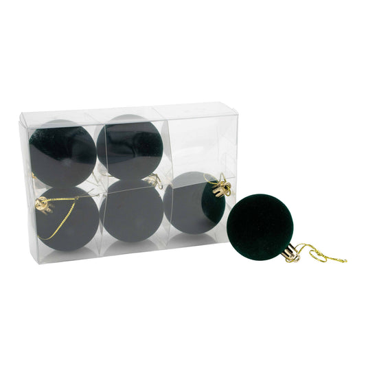 Set of 6 green flocked Christmas baubles
