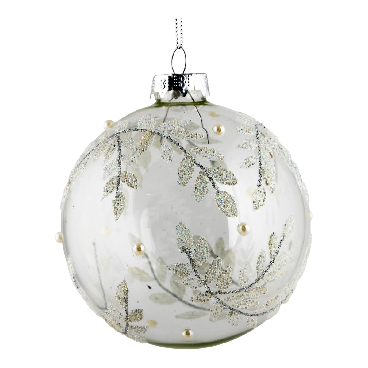 10cm Clear Encrusted White Leaf Christmas Ball