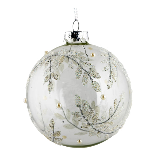 10cm Clear Encrusted White Leaf Christmas Ball