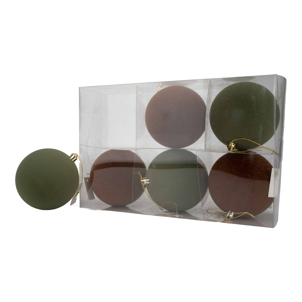 Set of 6 10cm autumnal flocked Christmas baubles