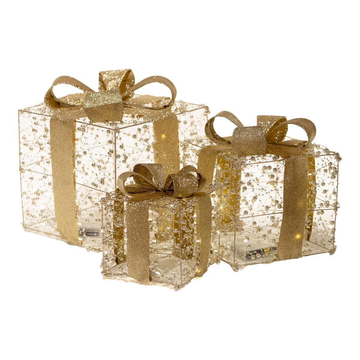Illuminated Gold Beaded Christmas Gift Boxes Set of 3 with LED